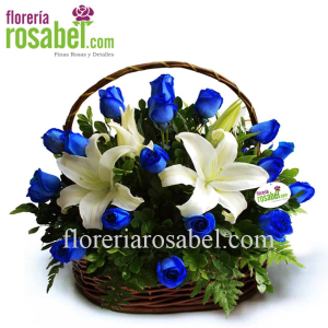 Canasta de 24 rosas azules