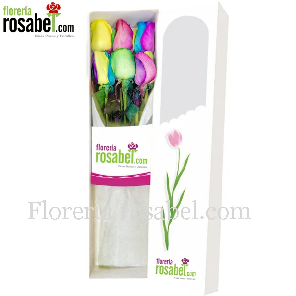 Caja de 6 rosas multicolor