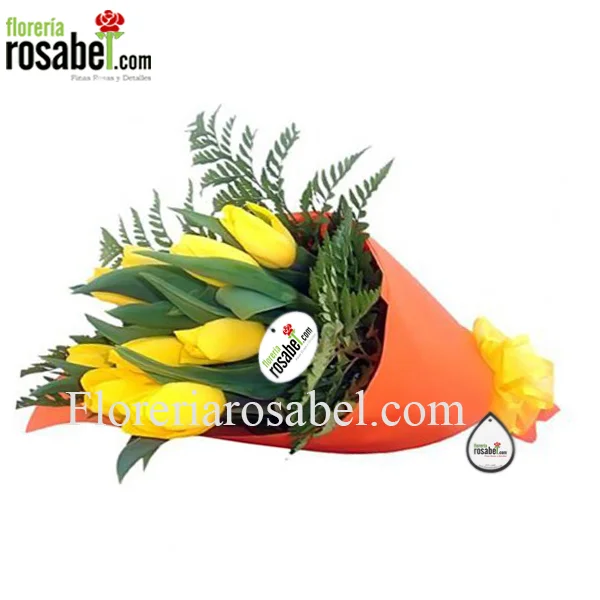 hermoso ramo de 10 tulipanes amarillos  Super Yellow 10! envuelto en fino papel y lazo decorativo.