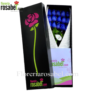 caja negra con 12 rosas azules Elegante