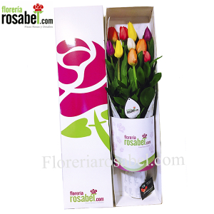 box with colored tulips, delivery