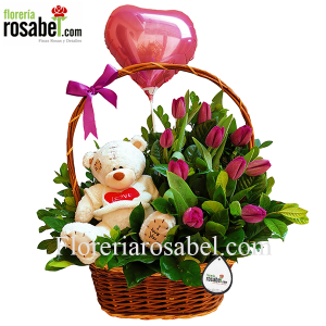 basket of tulips for birthday, red, purple, white, orange, yellow, lilac