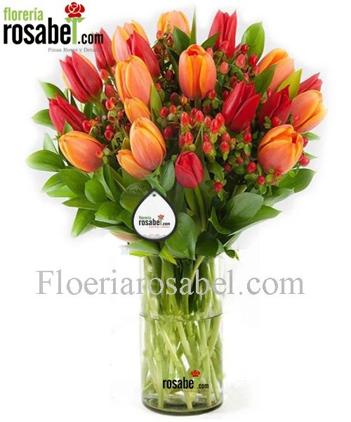Jarrón con 18 tulipanes, naranja y rojos con envio a lima