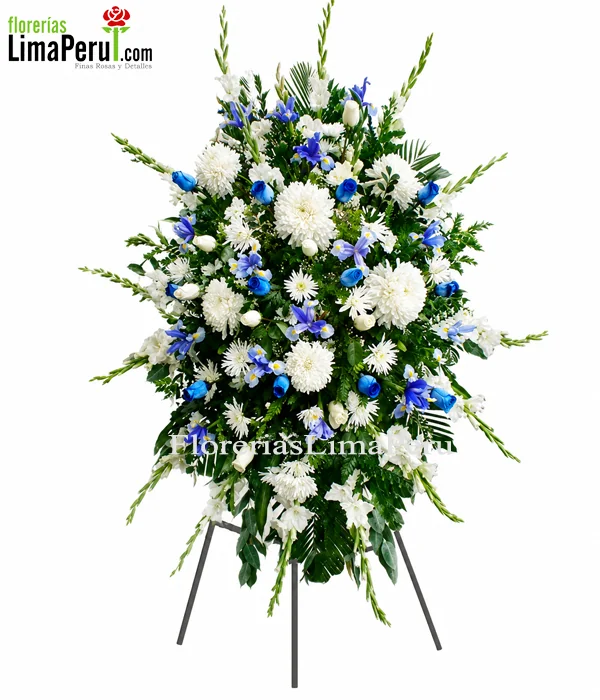 Arreglo fúnebre azul y blanco en trípode con rosas, iris y gladiolos