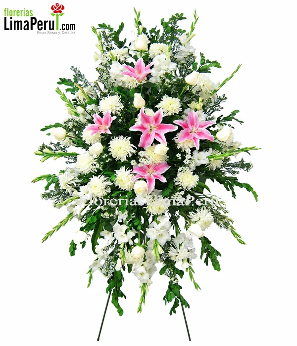 Arreglo fúnebre rosado para mujer con lirios, rosas y gladiolos en trípode