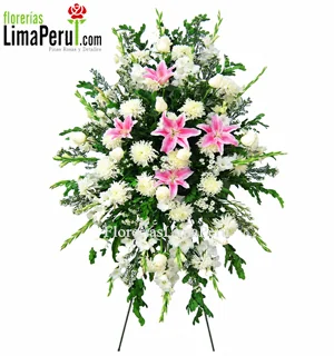 Arreglo fúnebre rosado para mujer con lirios, rosas y gladiolos en trípode