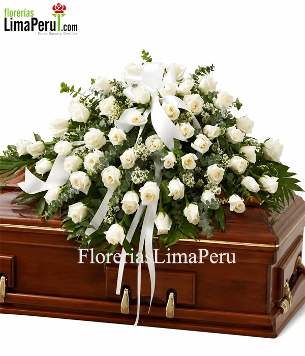 Manto fúnebre de rosas blancas para ataúd con delivery en Lima