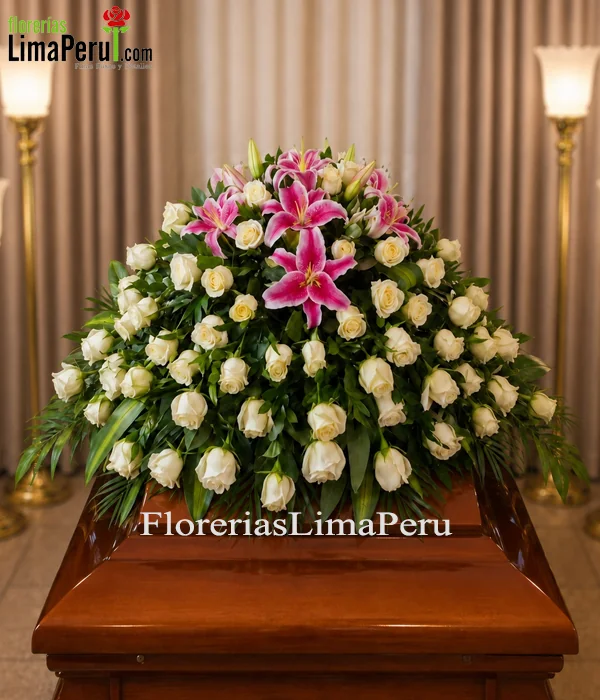 Manto fúnebre de rosas blancas y lirios rosados para ataúd