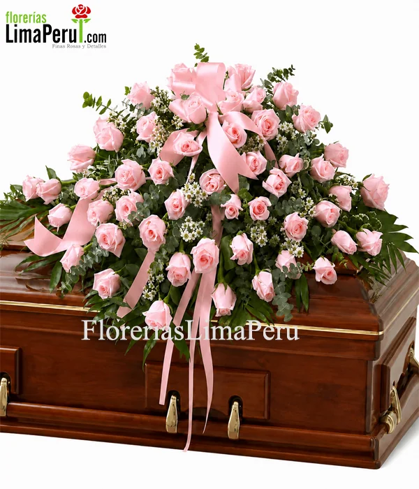Manto fúnebre de 48 rosas rosadas para ataúd con delivery en Lima