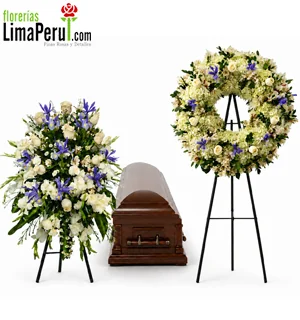 Pack con corona grande y lágrima mediana de flores blancas e iris azules para velorio en Lima