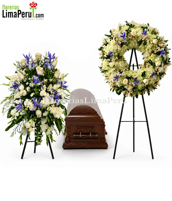 Pack con corona grande y lágrima mediana de flores blancas e iris azules para velorio en Lima