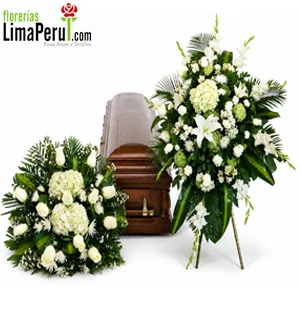 Pack fúnebre blanco con arreglo en trípode y lágrima de piso para velorio en Lima entrega hoy