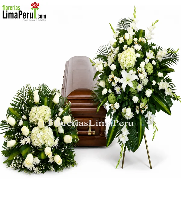 Pack fúnebre blanco con arreglo en trípode y lágrima de piso para velorio en Lima entrega hoy